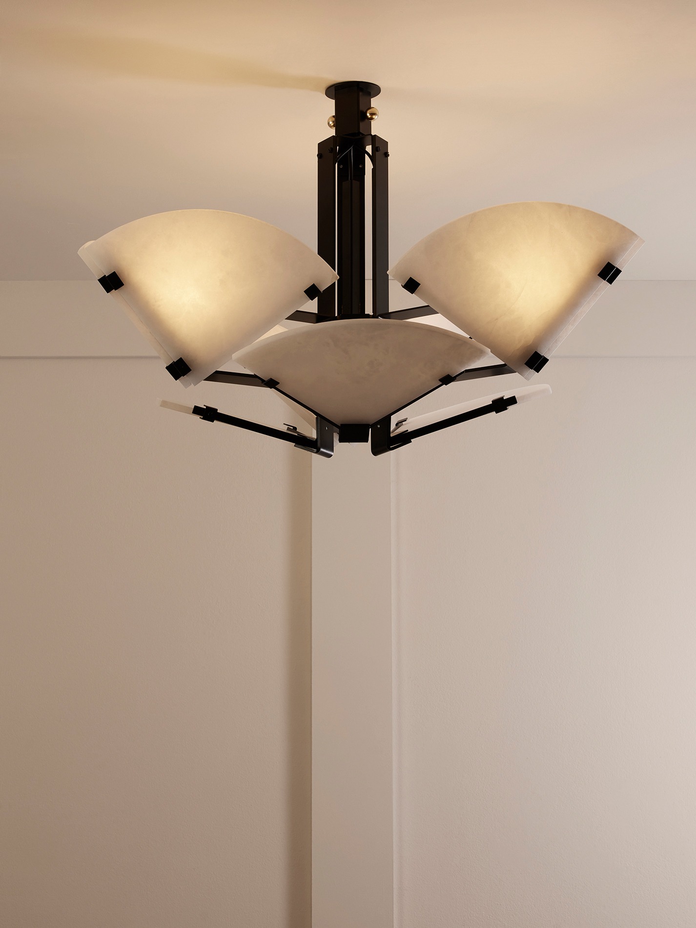 Mcde-sus-102a-002 | rewire Contemporary ceiling light fixture with four frosted glass bowl shades mounted to a black metal frame.