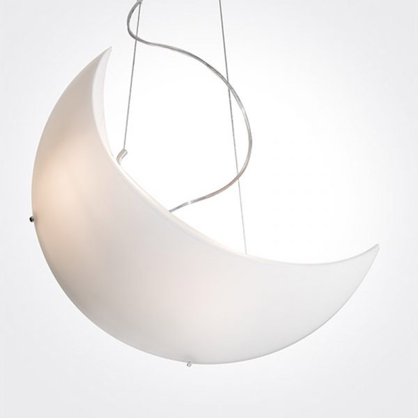 Mazzega-1946-moon-luna-sospensione | rewire White crescent moon pendant light hanging from thin cables against a light background, softly glowing in the center of the frame.
