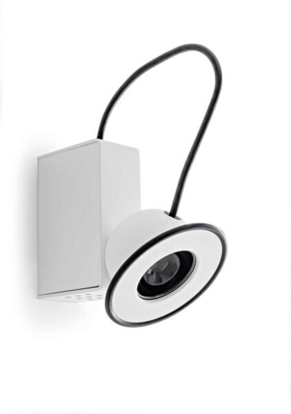 The Minibox sconce has a metal body and an adjustable luminous eye.