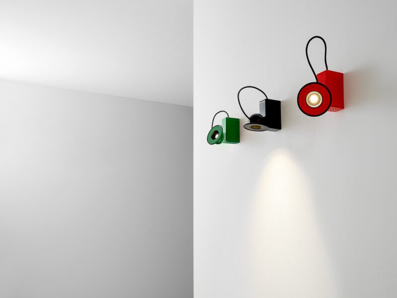 The Minibox sconce has a metal body and an adjustable luminous eye.