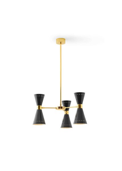 An iconic 1950s pendant ceiling light with double-cone lampshades.