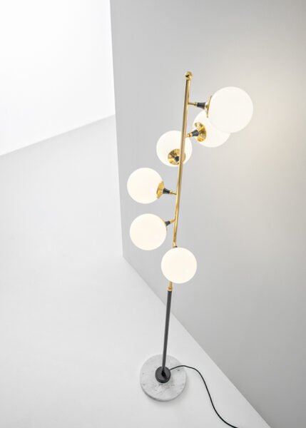Brass floor lamp with six white triplex glass light sources with a 1950s charm and a marble base.