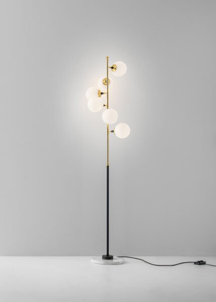 Brass floor lamp with six white triplex glass light sources with a 1950s charm and a marble base.