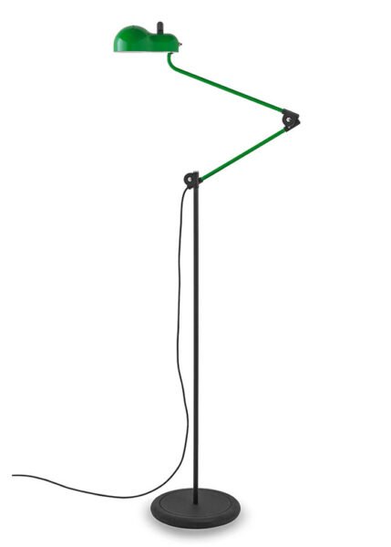 The Topo lamp is a beautiful and unique piece of design. It features a metal shell with slits resembling 1960s sports car vents and a lampshade shaped like the classic E27 bulb casing. The lamp has jointed metal arms for flexibility and a heat-insulating handle for safety.