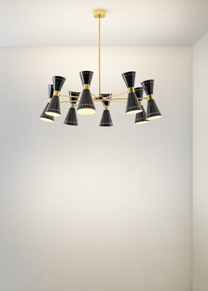 An iconic 1950s pendant ceiling light with double-cone lampshades.