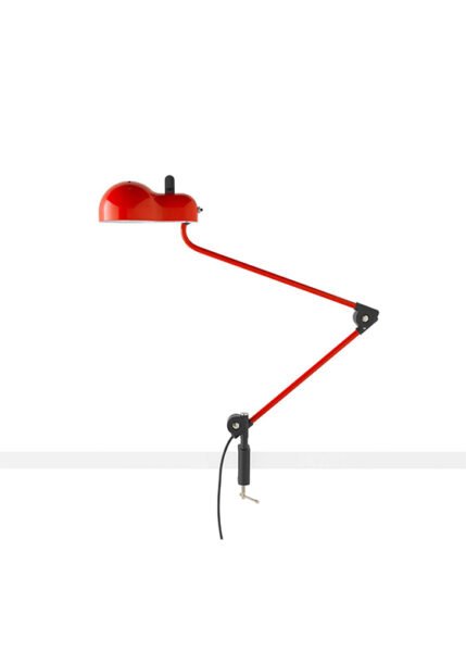 Topo lamp on a white background. The lamp has a metal shell with slits and a lampshade that corresponds to the classic E27 bulb casing. It has jointed metal arms for extending or retracting and is available in various finishes.