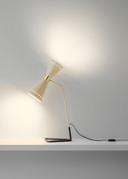 Iconic 1950s double-cone directable table lamp with both direct and indirect light.