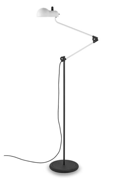 The Topo lamp is a beautiful and unique piece of design. It features a metal shell with slits resembling 1960s sports car vents and a lampshade shaped like the classic E27 bulb casing. The lamp has jointed metal arms for flexibility and a heat-insulating handle for safety.