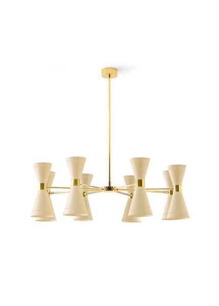 An iconic 1950s pendant ceiling light with double-cone lampshades.