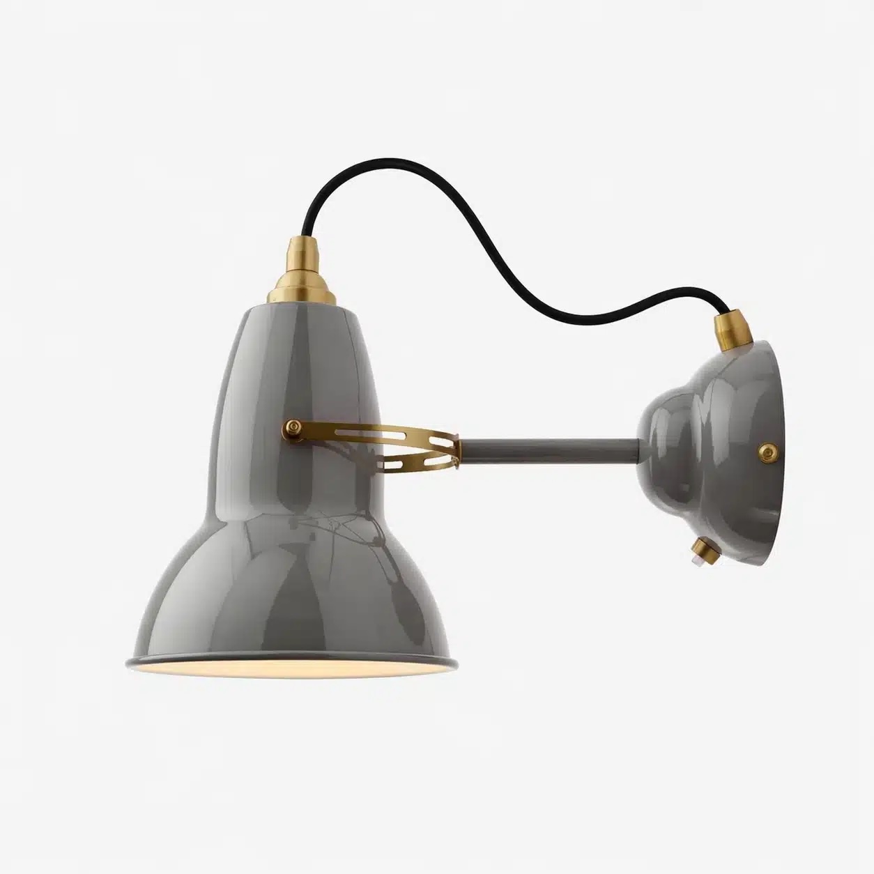 Brass-1227-wall-light-elephant-greyjpg | rewire Grey industrial wall-mounted lamp with an adjustable swing arm and brass hardware on a white background.