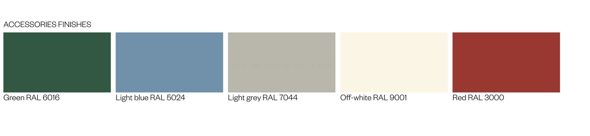 Screenshot | rewire Color swatches for Accessories Finishes: Green RAL 6016, Light blue RAL 5024, Light grey RAL 7044, Off-white RAL 9001, Red RAL 3000