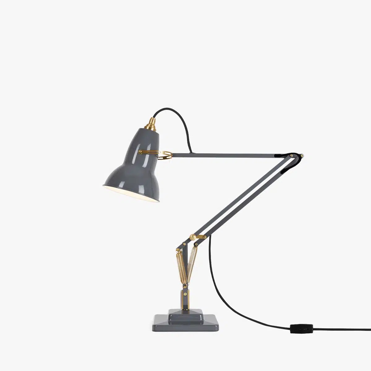 Original-1227-brass-desk-lamp-elephant-grey-1jpg | rewire Industrial-style gray adjustable desk lamp with gold joints and a long articulated arm on a flat base