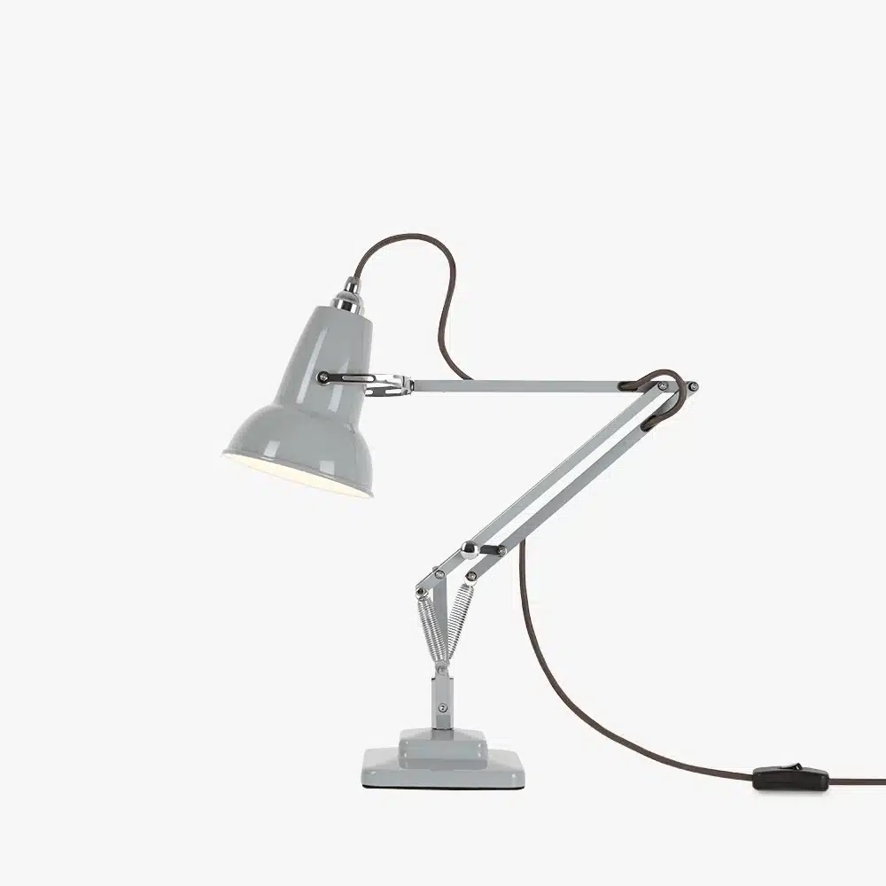Original-1227-mini-desk-lamp-dove-grey-1-offjpg | rewire Gray adjustable desk lamp with articulated arms and a cord on a white background.