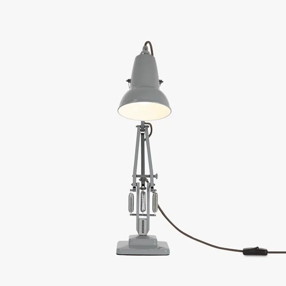 Original-1227-mini-desk-lamp-dove-grey-4-offjpg | rewire Industrial gray adjustable desk lamp with a clamp-style arm and exposed springs on a white background.
