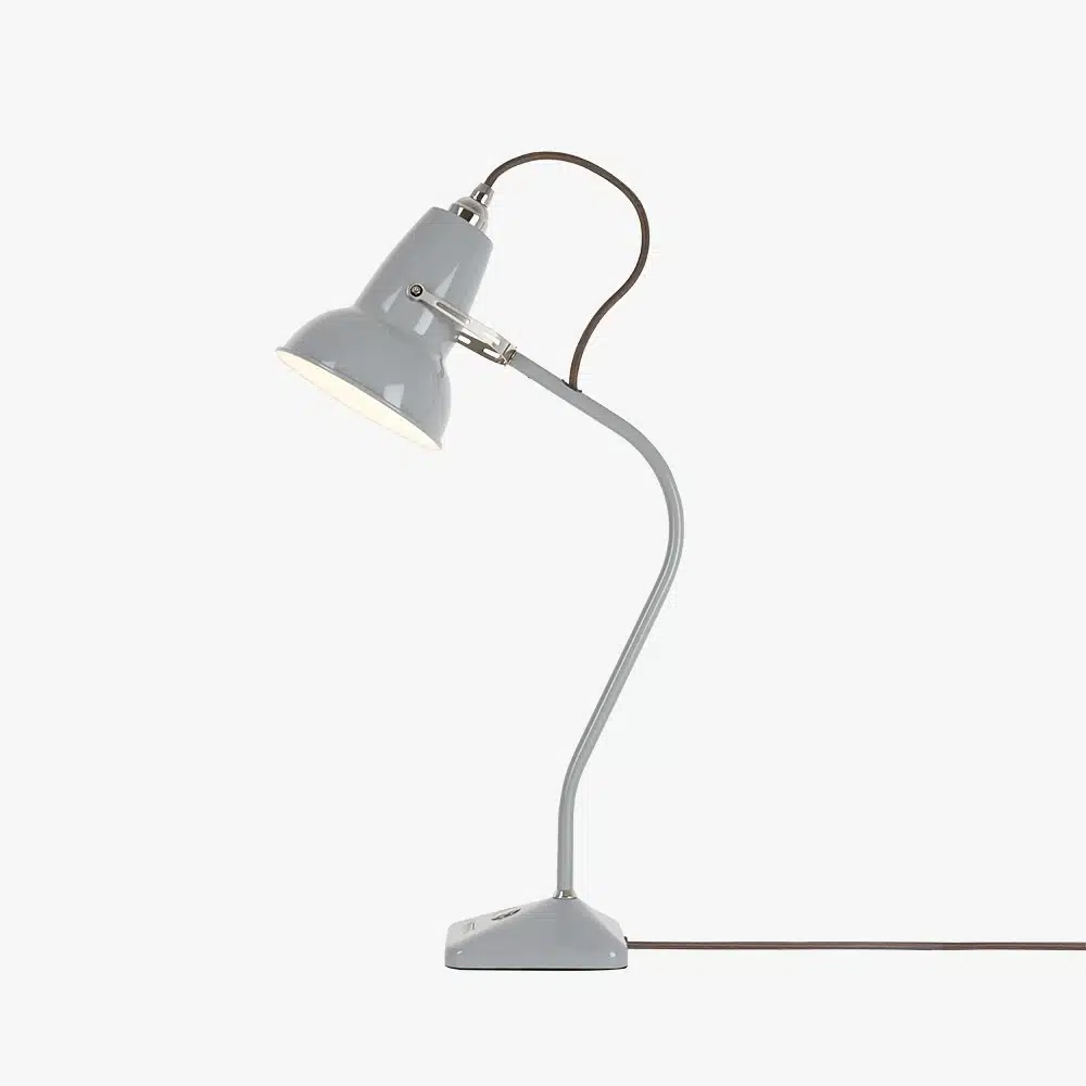 Original-1227-table-lamp-dove-grey-1jpg | rewire Gray metal adjustable desk lamp with a curved neck and conical shade on a white background, cord visible at the base.