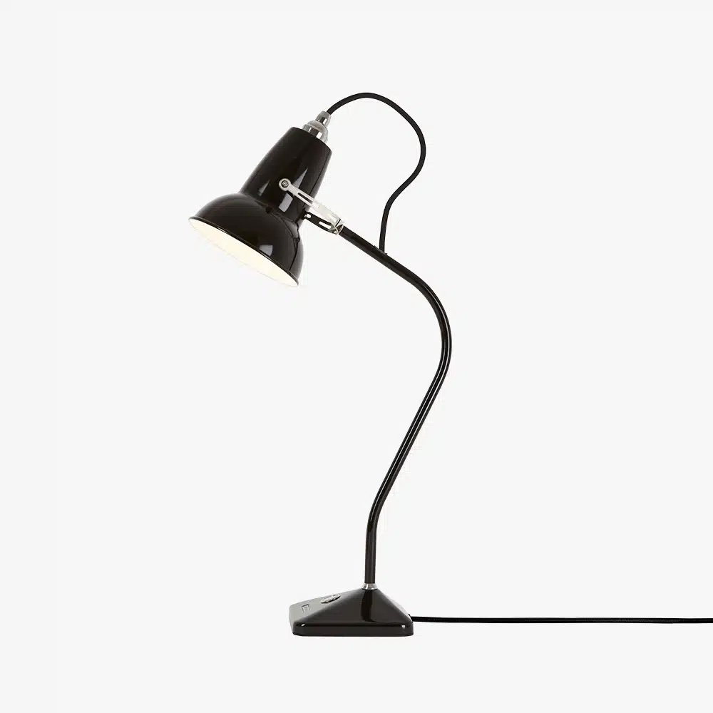Original-1227-table-lamp-jet-black-d1jpg | rewire Black desk lamp with a curved neck and adjustable shade on a white background, cord visible