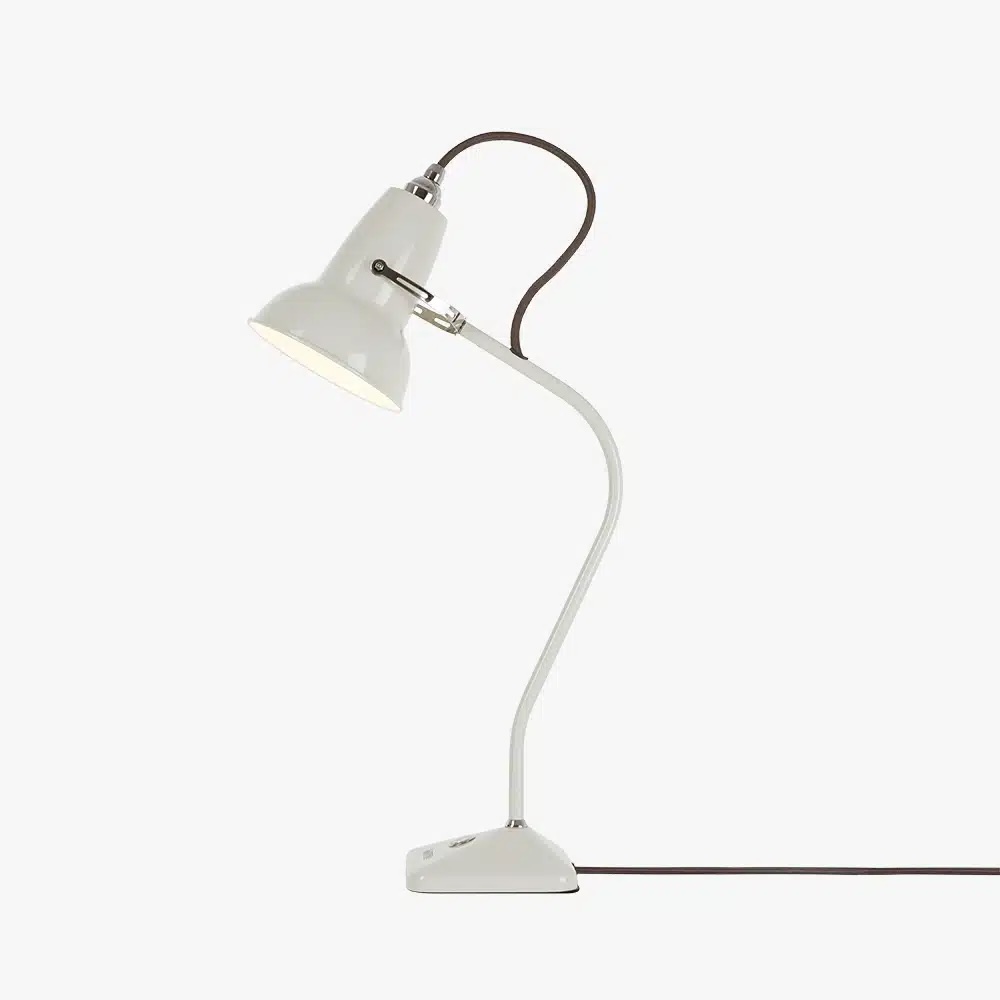 Original-1227-table-lamp-linen-white-1jpg | rewire White adjustable desk lamp with a curved neck and clamp-style base.