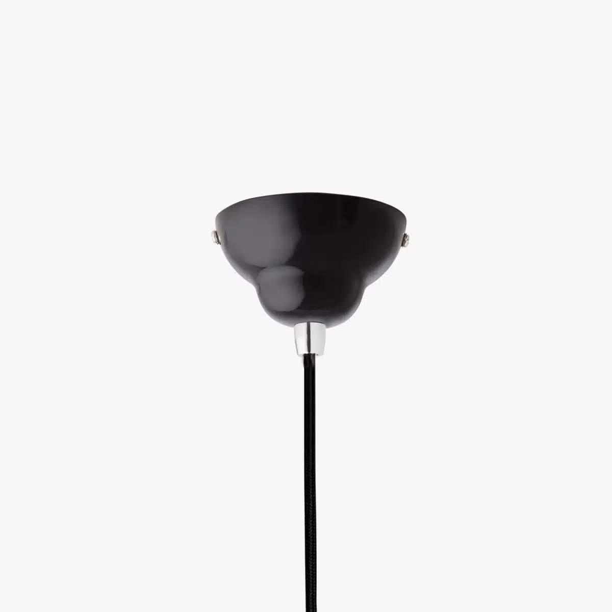 Original_1227_maxi_pendant_jet_black_3jpg | rewire Black bowl-shaped lampshade on a slim black floor lamp with a chrome joint and cord.