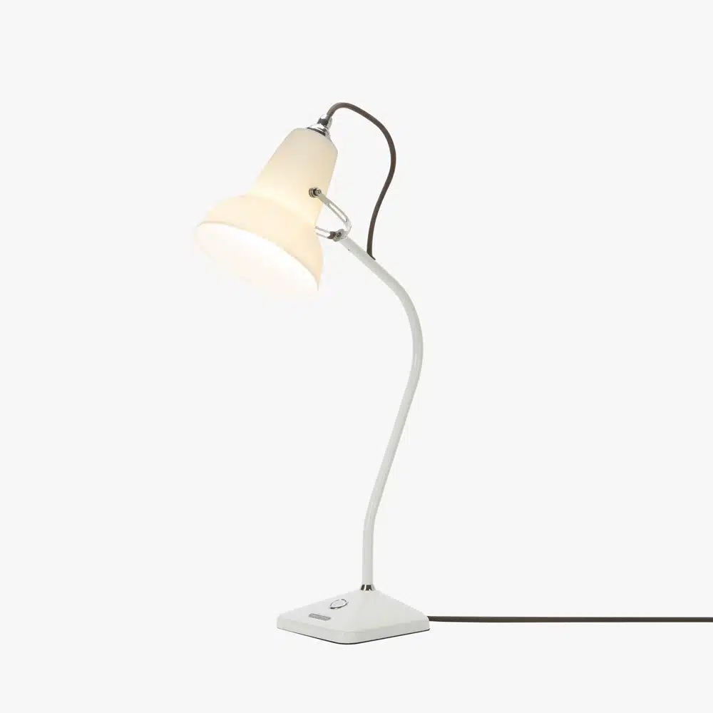 Original_1227_mini_ceramic_table_lamp_2jpg | rewire White adjustable desk lamp with a curved neck, cream lampshade, and square base on a white surface (corded).