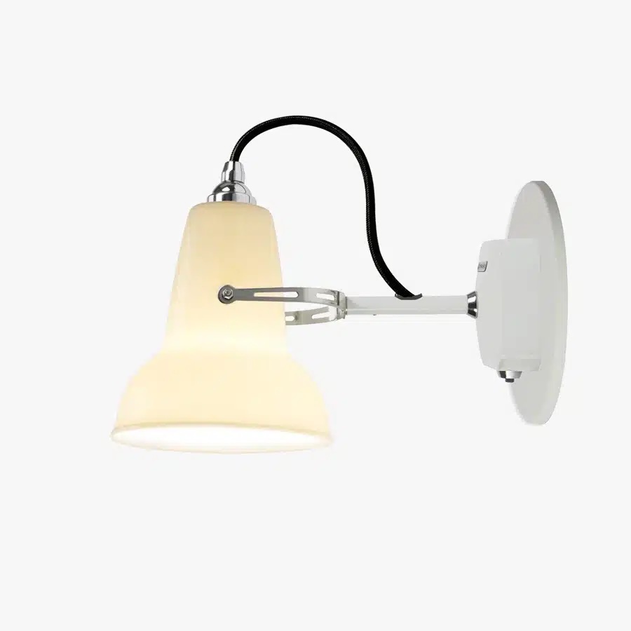 Original_1227_mini_wall_light_ceramic_1_onjpg | rewire Wall-mounted adjustable swing-arm lamp with a cream shade, lit for task lighting
