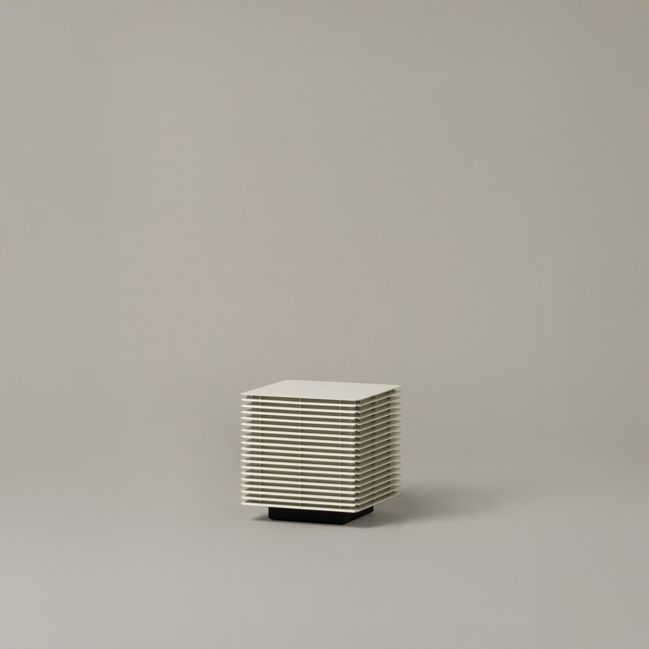 Shiro252 | rewire White cube-shaped air purifier with horizontal slats on a black base, set against a beige background