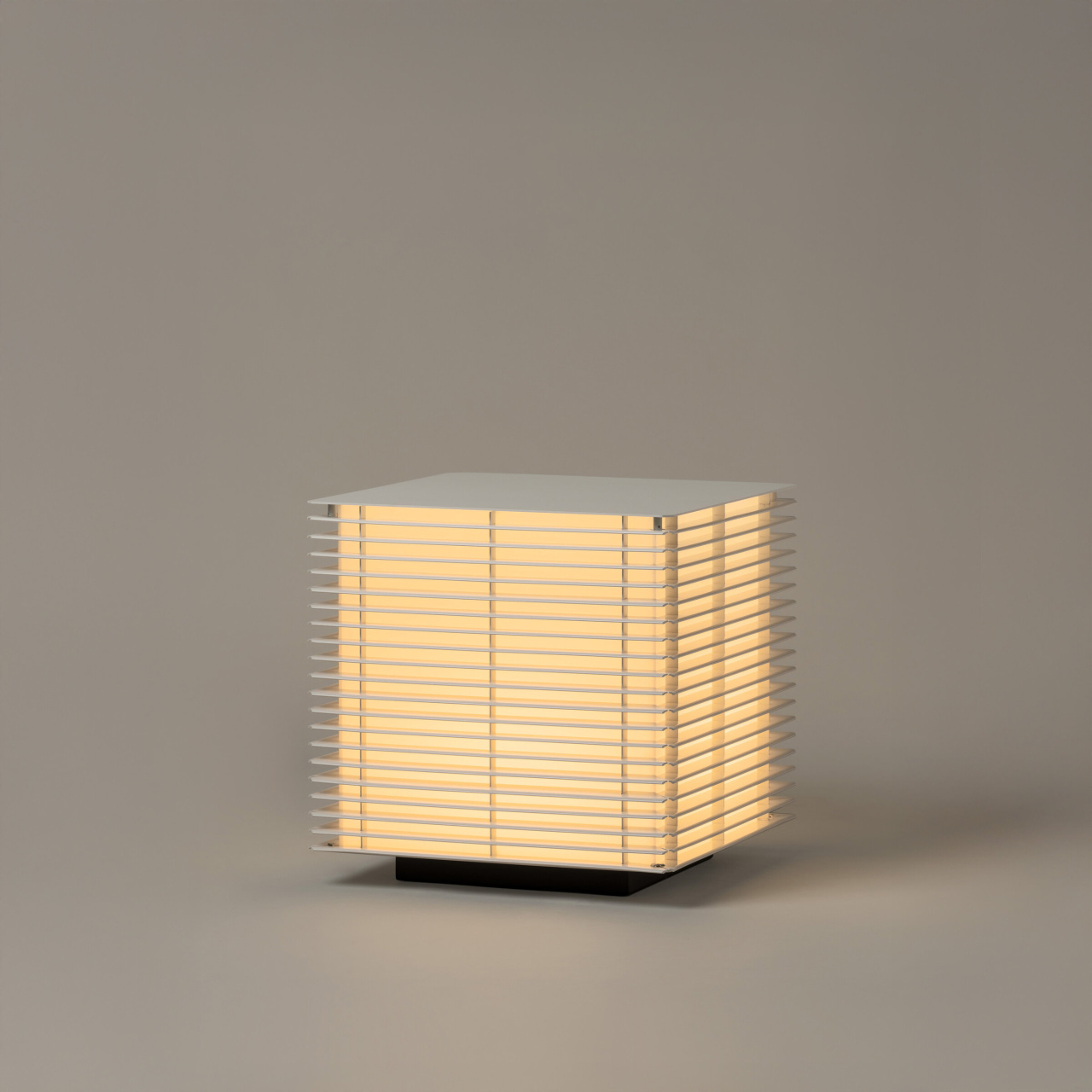 Shiro451 | rewire Square modern lamp with horizontal slats emitting a warm glow on a black base against a neutral background.