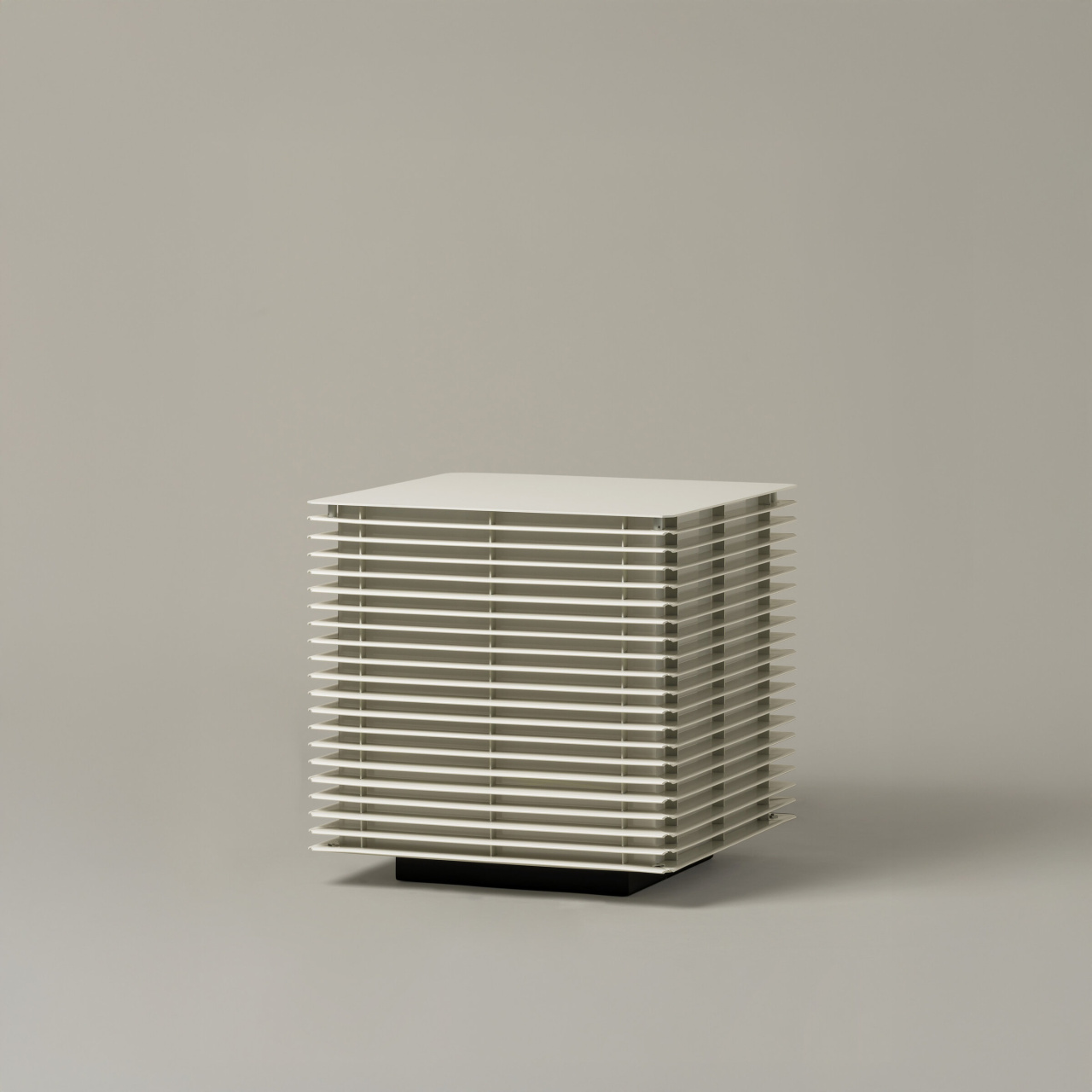 Shiro452 | rewire White cube-shaped lamp with horizontal slats and a black base on a neutral gray background