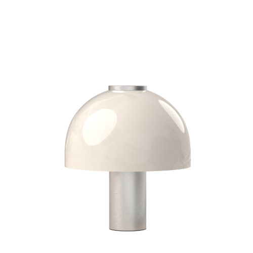 Tbb310-0523-copy-500x500 | rewire White mushroom-shaped table lamp with a glossy dome shade and a metallic silver stem base.
