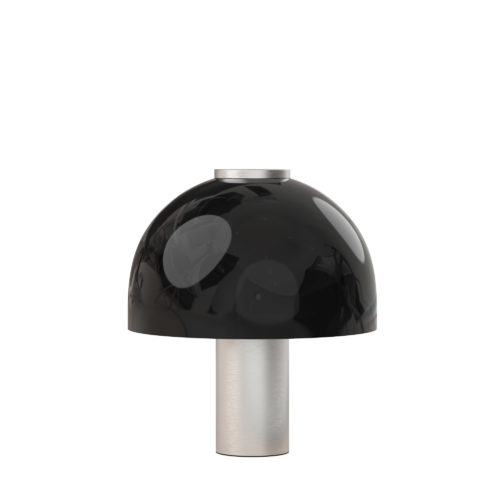 Tbb310-0524-copy-500x500 | rewire Black glossy mushroom-shaped lamp with a silver cylindrical stem.