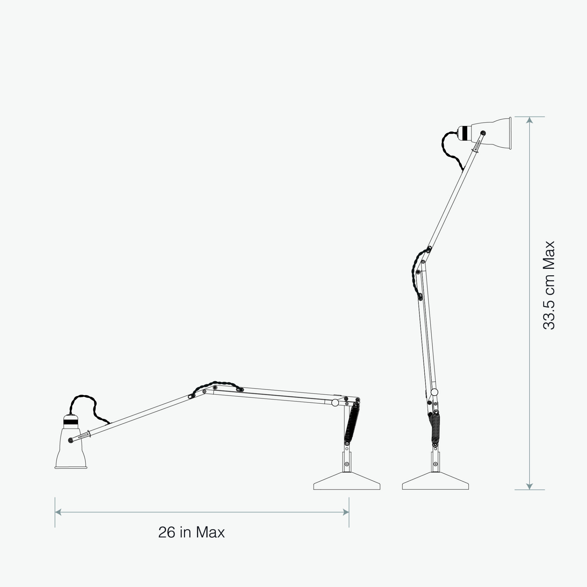 Original-315-desk-lamp-dimensions-web-artwork-us-1 | rewire Technical diagram of an adjustable desk lamp with articulated arms, showing a maximum height of 26 inches (66 cm).