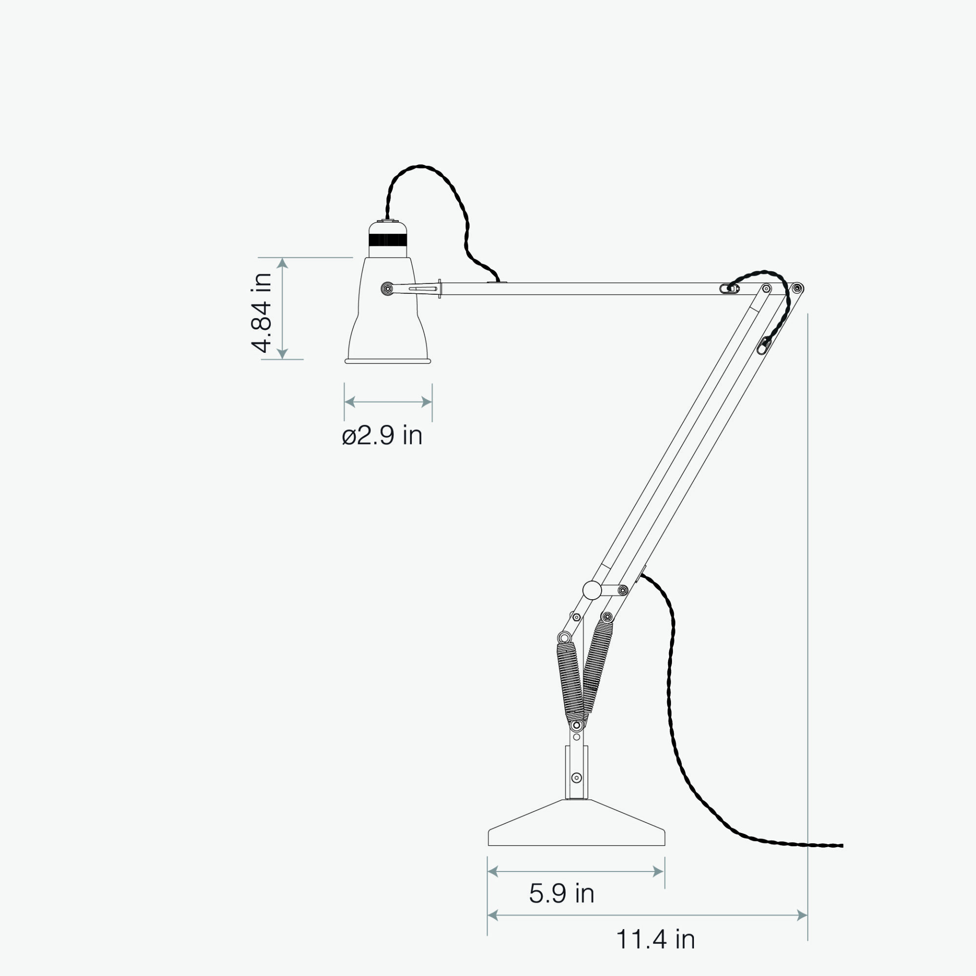 Original-315-desk-lamp-dimensions-web-artwork-us-3 | rewire Technical diagram of a clamp lamp showing dimensions: total length 11.4 in, arm length 5.9 in, lamp head diameter 2.9 in.