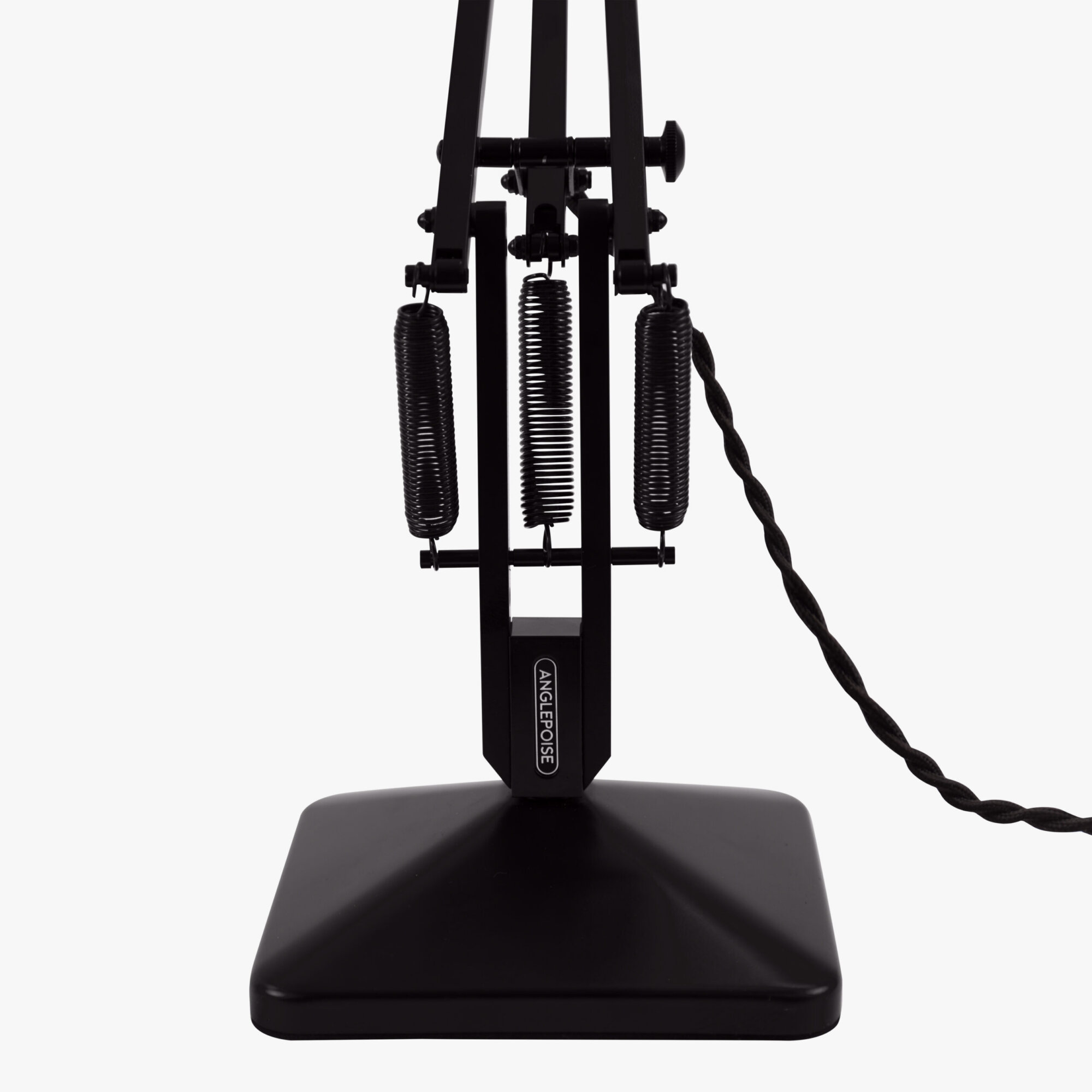 Original-315-desk-lamp-silver-black_2926ct_sq_wd1ob_2-scaled | rewire Close-up of a black Anglepoise adjustable lamp frame with coiled springs and a sturdy base, shown from the front.