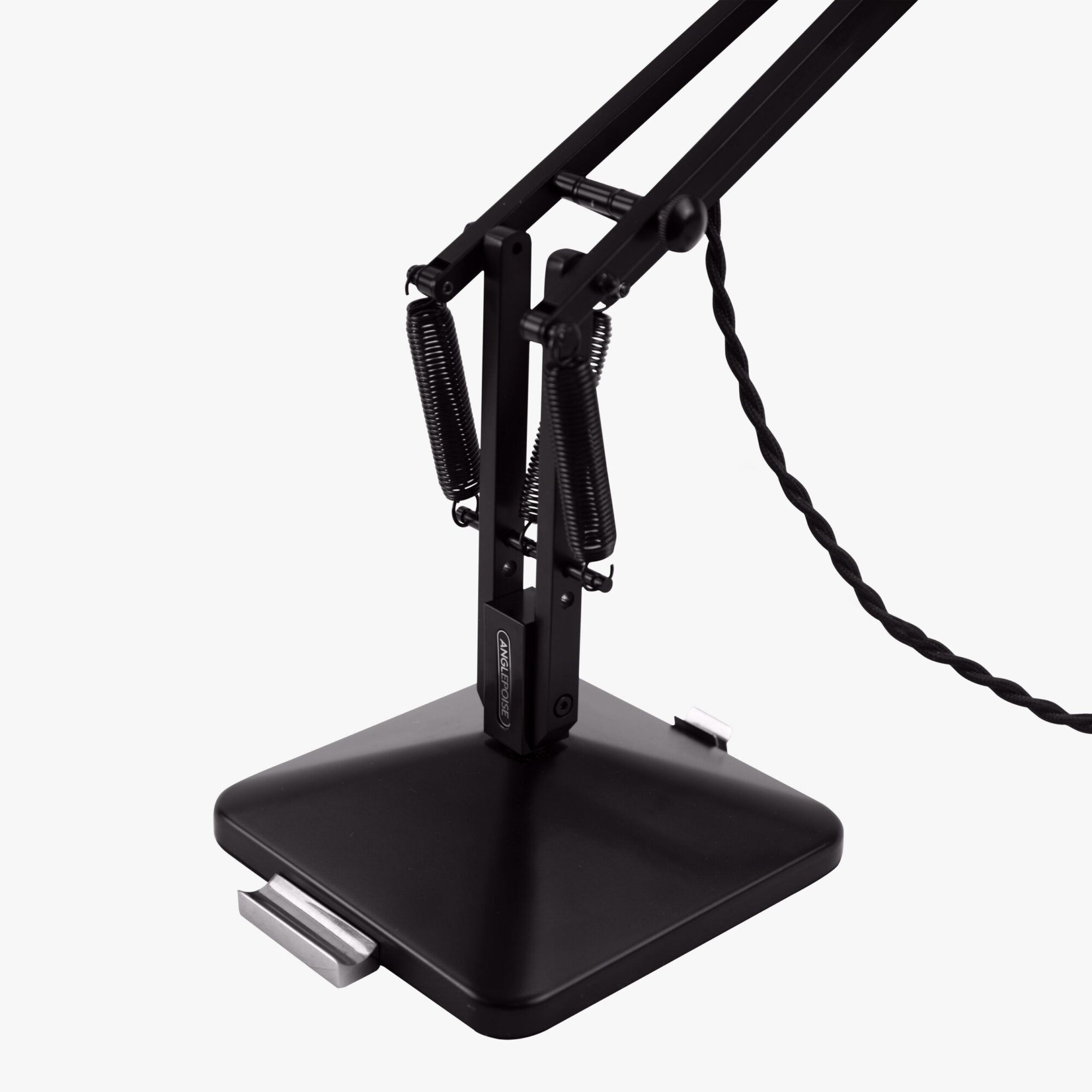 Original-315-desk-lamp-silver-black_2926ct_sq_wd1ob_5-scaled | rewire Close-up of a black anglepoise-style lamp base with adjustable arms and coiled springs.